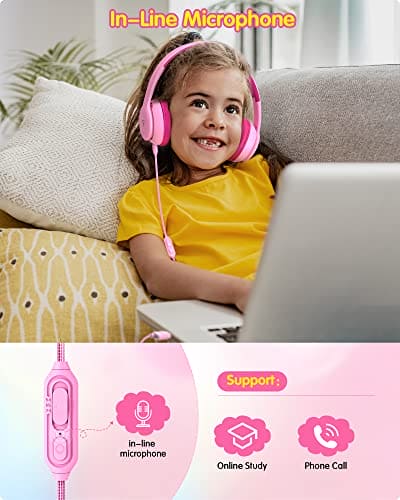 DOQAUS Headphones for Kids, Children Headphones for Boys Girls with 74/85/94dB Volume Limited, Stereo Sound, Share Function, Wired Kids Headphones with Microphone for School/Travel/Phone/PC/MP3, Pink