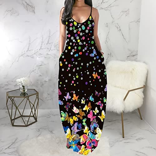 Summer Casual Plus Size Maxi Dresses for Wome Adjustable African Sundress Loose Butterfly Printed Dress with Pockets