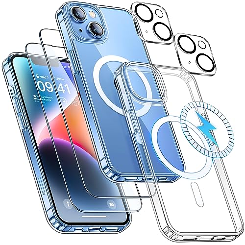 CANSHN Clear Magnetic for iPhone 13 Case and iPhone 14 Case, Compatible with Magsafe, with 2 x Screen Protector+ 2 x Camera Lens Protector, [Not-Yellowing] Shockproof Protective Phone Cover 6.1"