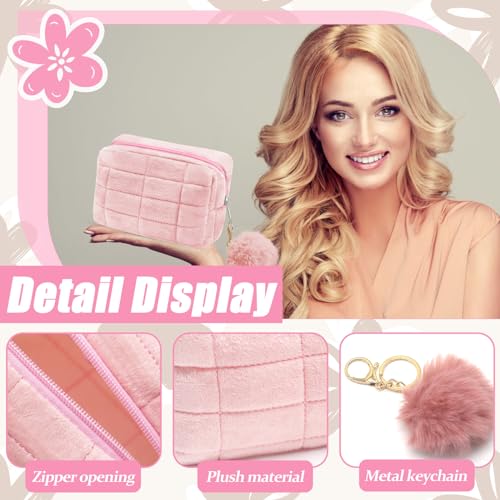 Cosmetic Bag, Pink Cute Plush Makeup Bag with Fuzzy Ball Keychain, Portable Travel Toiletry Bag Pouch Multi-Functional Zipper Organizer for Women Girls Travel