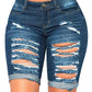 roswear Women's Distressed Knee Length Ripped Stretchy Jean Shorts Blue Small