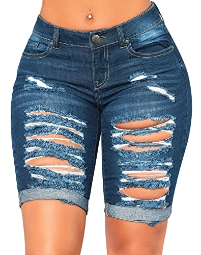 roswear Women's Distressed Knee Length Ripped Stretchy Jean Shorts Blue Small