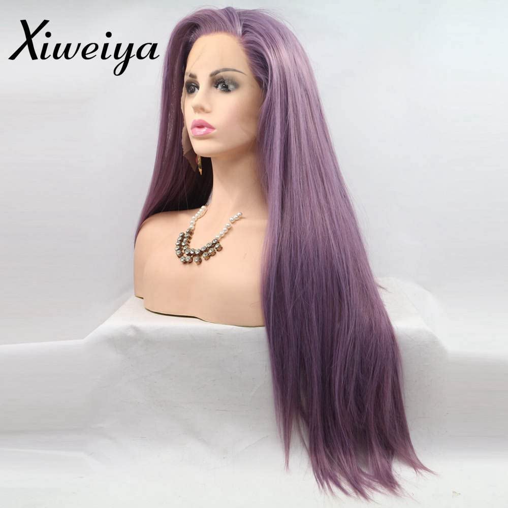 xiweiya Purple Wigs Long Straight Synthetic Lace Front Wigs Handmade Realistic Looking Wig Ash Lavender Side Part Glueless Wig Heat Resistant Hair Replacement Wigs Cosplay Costume Daily Wigs 24Inch