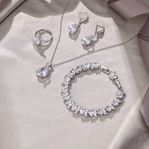 Ever Faith Women's Jewellery Sets Bridal Jewellery Set Sparkly Cubic Zirconia Teardrop Necklace Earring Bracelet Ring Jewelry Sets for Women Birthday Gifts 4 PCS Clear Silver-Tone