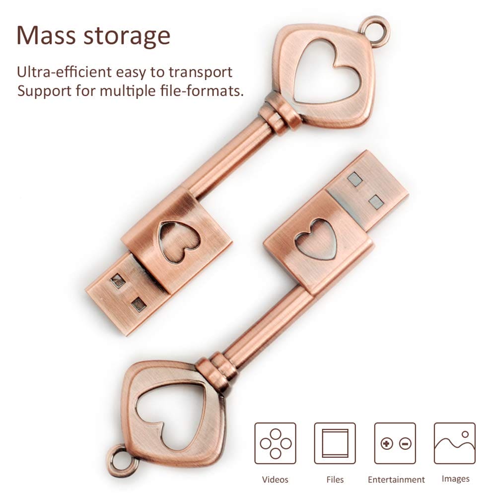 BORLTER CLAMP 32GB USB Flash Drive Cute Memory Stick Retro Metal Heart Key-Shaped Pendrive for External Data Storage