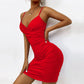 Zesoyne Womens Sexy Mini Dress Bodycon Ruched Tank Dress Spaghetti Strap Vneck Party Club Short Wrap Cami Dress Clubwear Medium Red