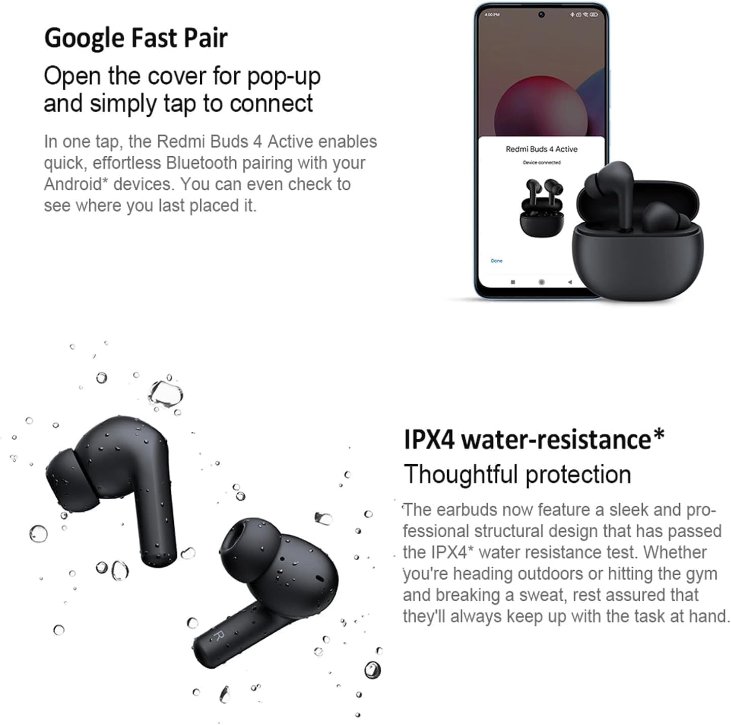 Xiaomi Redmi Buds 4 Active, Advanced Bluetooth® 5.3, 12mm Dynamic Driver, Google Fast Pair, Up to 28 Hours* Long Listening time with case, Dark Black