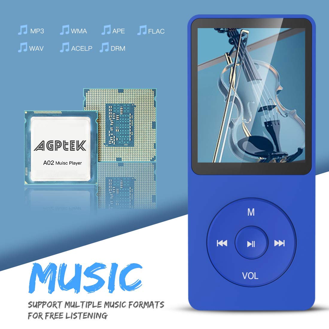 AGPTEK A02 8GB MP3 Player, 70 Hours Playback Lossless Sound Music Player, Supports up to 128GB, Dark Blue