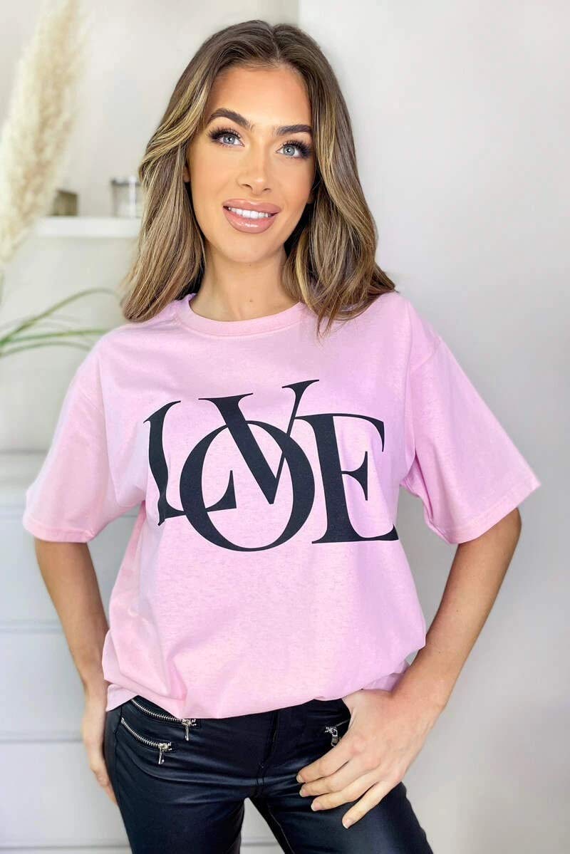 Womens Love Slogan Short Sleeve Oversized Printed Casual Summer Baggy Fashion Ladies Tshirt Tee Plus Size Top (Pink, SM (UK 8-10))