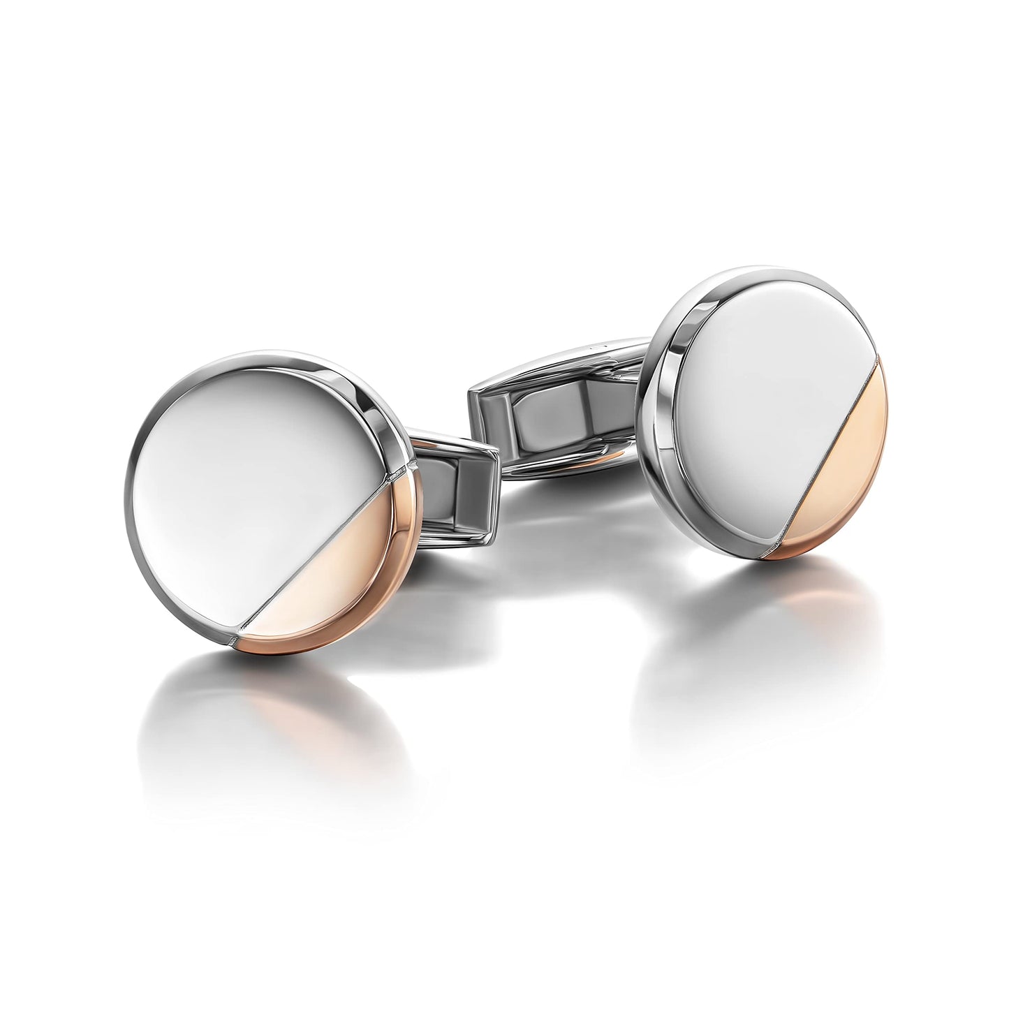 Colibri Equinox Cufflinks For Men - Polished Steel Face with Rose Gold Corner - Designer Cufflinks with Pivoting Whale Back Closure - Gift Box