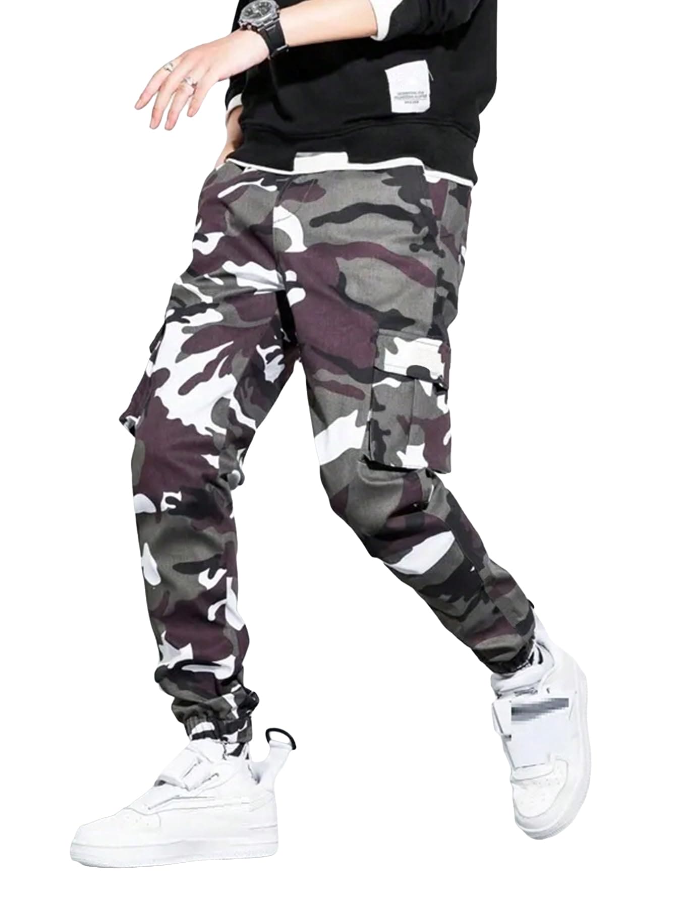 OYOANGLE Men's Camo Print Elastic Waist Flap Pocket Cargo Pants Outdoor Hiking Jogger Trousers Multicolor Large