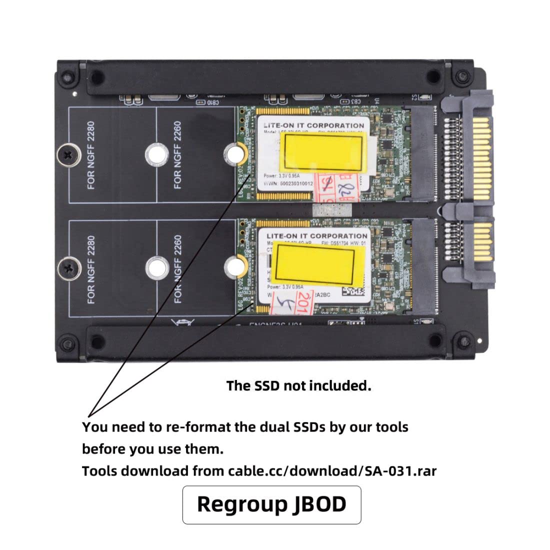 CY M.2 SATA SSD to 2.5inch SATA Adapter,Dual NGFF B+M Key M.2 SSD JOBD Raid0 Span Bridge Combo HDD Disk Drive Enclosure