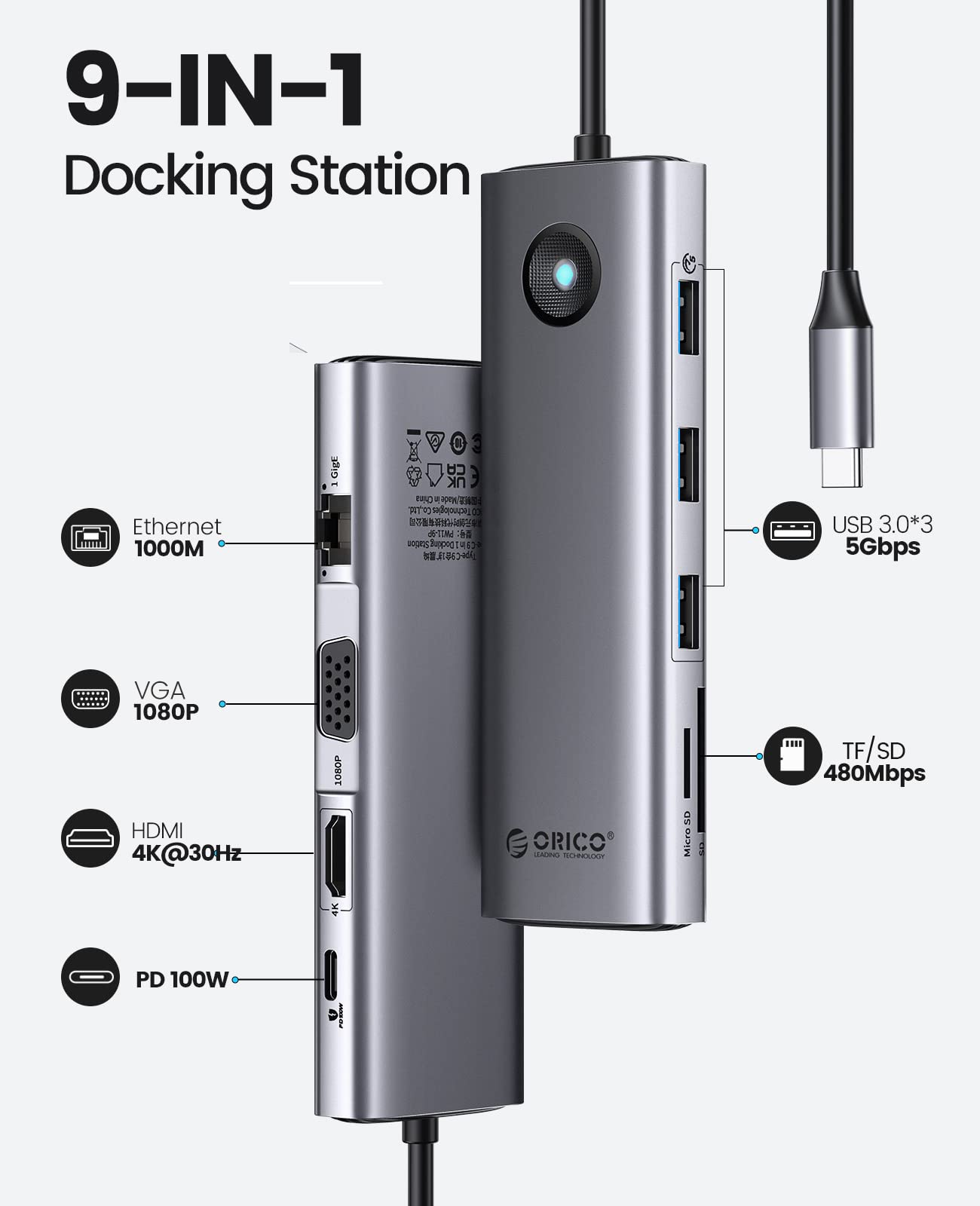 ORICO USB C Docking Station,9 in 1 USB C Dock with 1000Mbps with HDMI 4K+PD100W+3*USB3.0+Ethernet+SD/TF+VGA,USB C Multiport Adapter for MacBook/Dell/HP/Surface/Lenovo