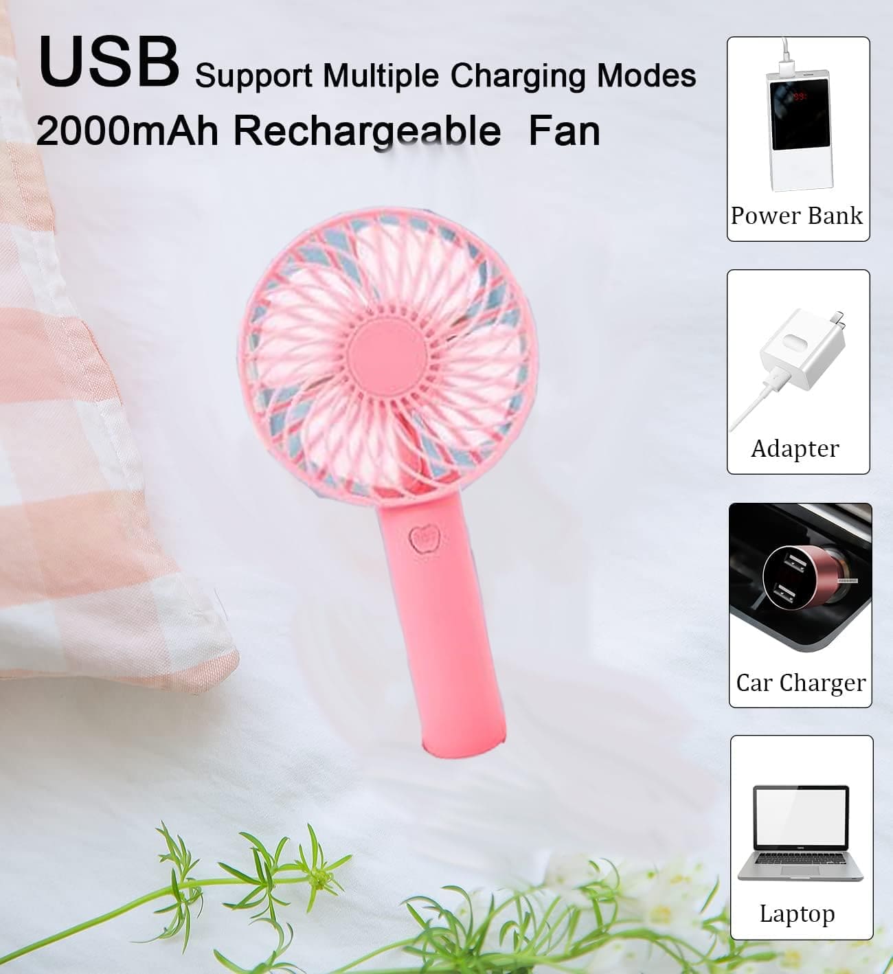 Gofemial Handheld Fan Portable Mini Fan, Hand Fan USB Electric Fan with Phone Holder 3 Speeds Rechargeable Strong Wind Silent Fan Cooling Desk Fan for Office Home Sport Camping, Pink