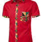 LucMatton Men's African Kente Printed Patchwork Design Summer Short Sleeve Button up Shirt Traditional Dashiki Red Medium