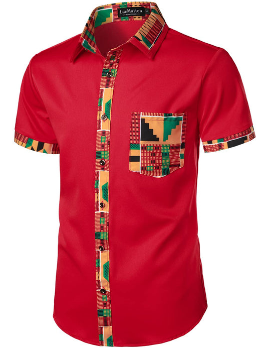 LucMatton Men's African Kente Printed Patchwork Design Summer Short Sleeve Button up Shirt Traditional Dashiki Red Medium