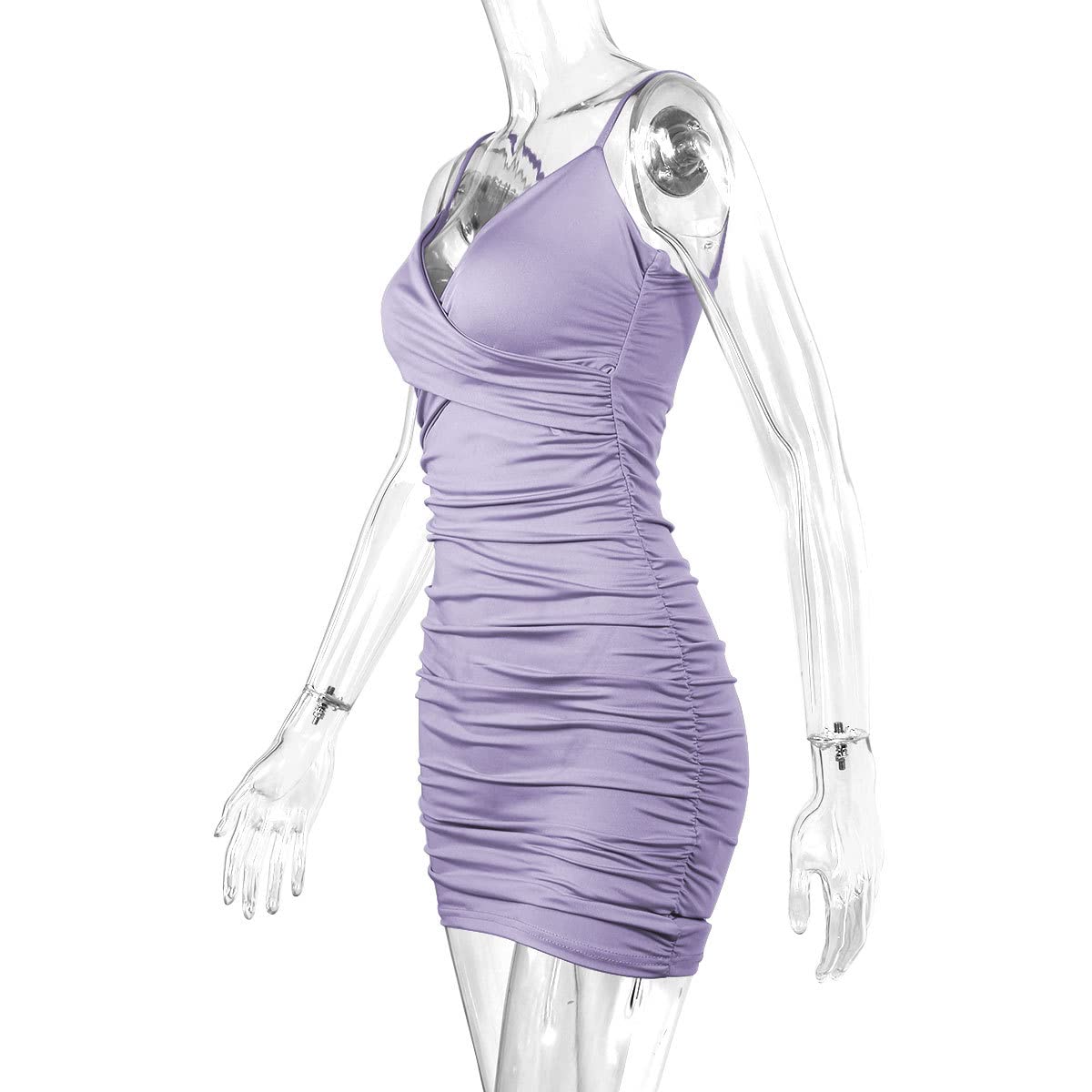 Zesoyne Womens Sexy Mini Dress Bodycon Ruched Tank Dress Spaghetti Strap Vneck Party Club Short Wrap Cami Dress Clubwear Medium Light Purple