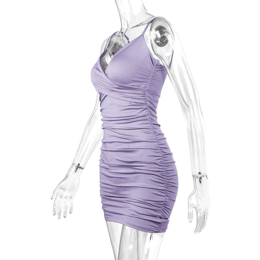 Zesoyne Womens Sexy Mini Dress Bodycon Ruched Tank Dress Spaghetti Strap Vneck Party Club Short Wrap Cami Dress Clubwear Medium Light Purple