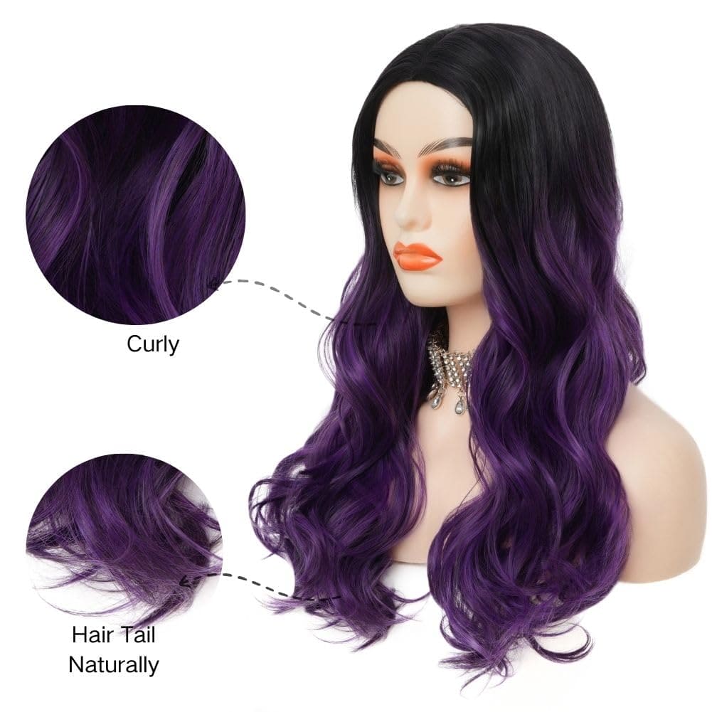 Siudus Purple Ombre Womens Long Wavy Wigs Synthetic Natural Curly Black and Purple Wig for Halloween Daily Use (Purple)