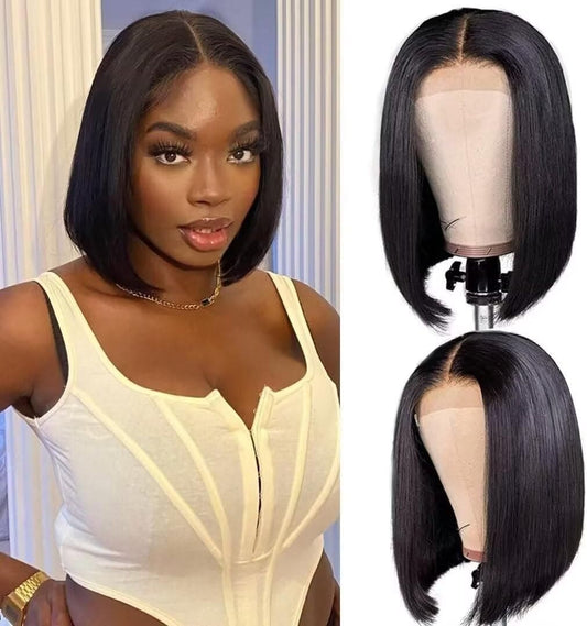 RXY 4x4 Bob Straight Human Hair Wig Lace Front Wig 100% Human Hair Pre Plucked with Baby Hair 150% Density Wigs for Black Women Natural Color 12 Inch