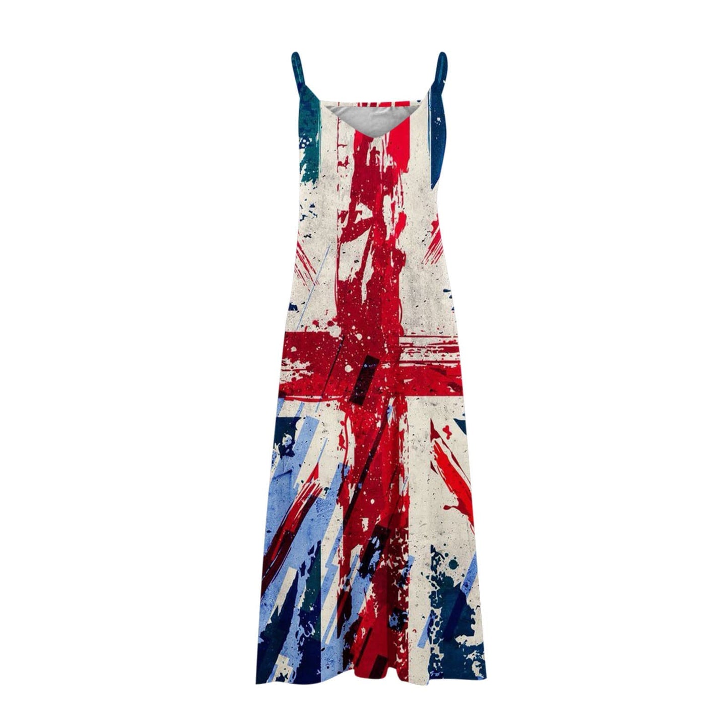 Women Trendy Loose Long Dress Tunic Sundresses Clearance Union Jack Women Fashion Sling Mid-Waist V-Neck Sleeveless Stripe Printing Slim Beach Long Dress Sale UK