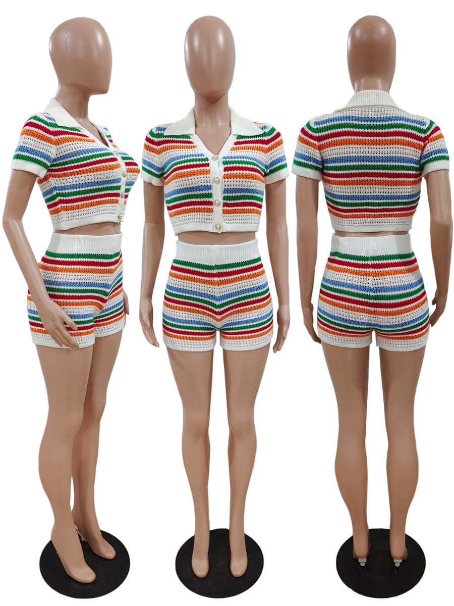 Womens Crochet Knitted Jamaican Bikini Set Colorful Rainbow Striped Button Down Shirt and Short Set Floral X-Large