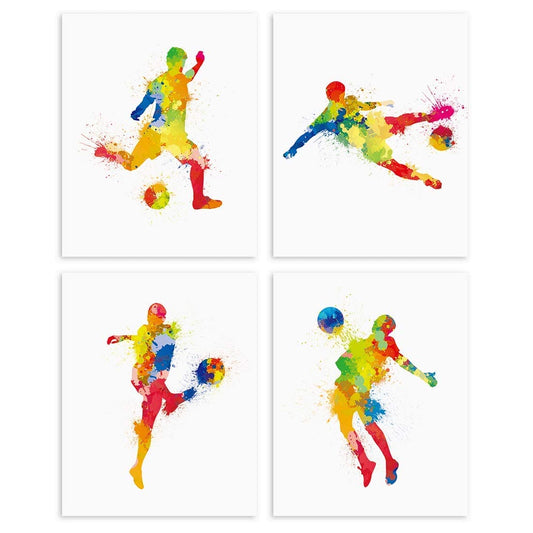 ANHUIB Watercolor Soccer Player Art Picture Poster,Football Wall Art,Sport Player Poster, Set of 4 (8" X 10") Football Pictures Kids Bedroom Accessories,Football Art Walls for Boy Room Decor Unframed