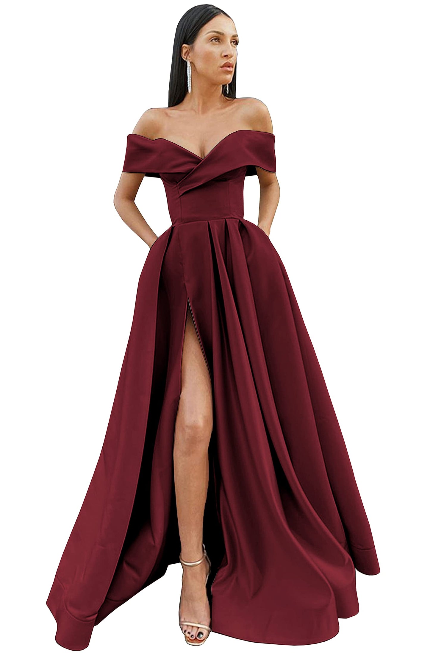 PAVERJER Off The Shoulder Prom Dress with Pockets Long Pleated 2024 A Line High Split Formal Dresses for Women Evening Party Burgundy Size 0