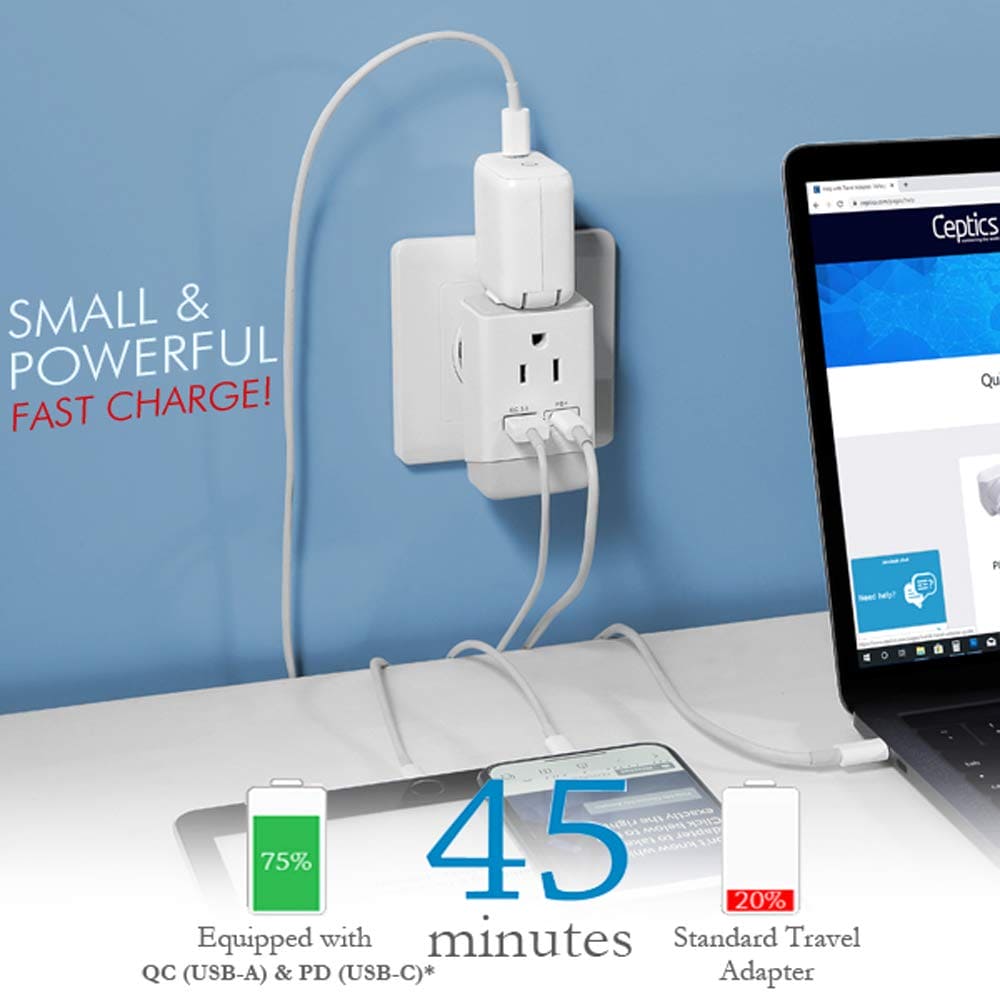 Ceptics UK Ireland Hong Kong Plug Adapter, International Power Plug with USB & USB-C - 2 USA Socket, QC 3.0 & PD - Type G Outlet Adapter for USA to British England Scotland London - Fast Charging