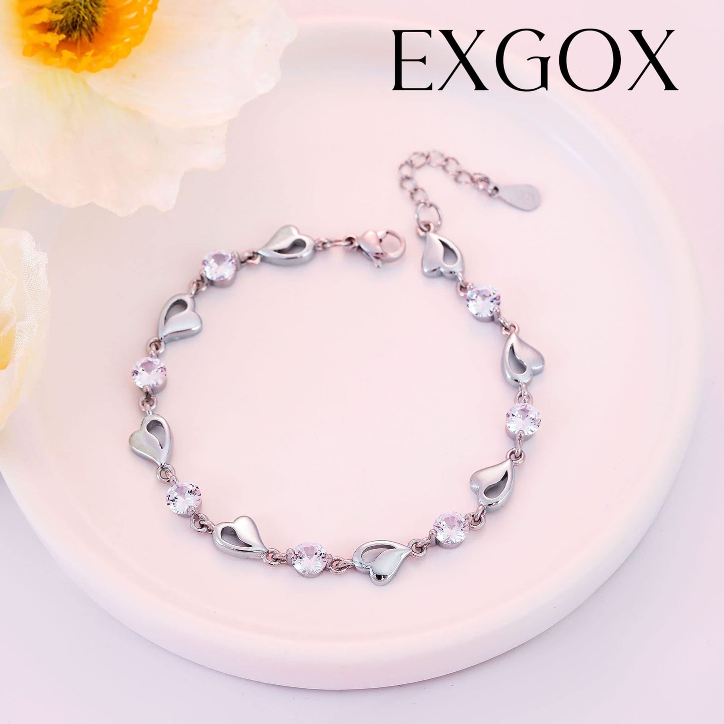 EXGOX Silver Bracelet for Women,925 Sterling Silver Love Shiny Crystal Diamond Adjustable Heart Bracelet for Women Girls