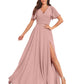 PAVERJER Dusty Rose V Neck Bridesmaid Dresses for Women with Sleeves Long A-Line Side Slit Chiffon Pleated Evening Gown with Pockets Size 0