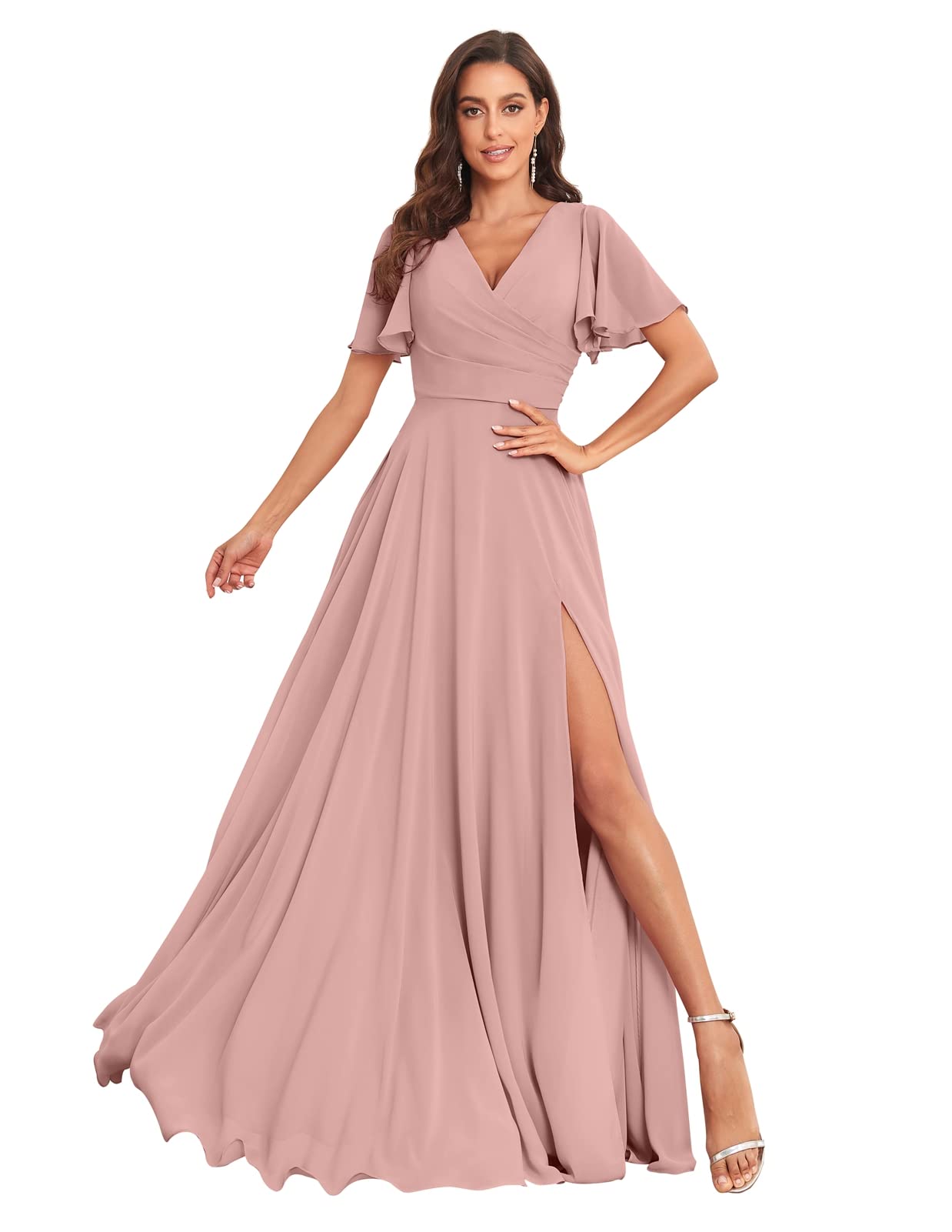 PAVERJER Dusty Rose V Neck Bridesmaid Dresses for Women with Sleeves Long A-Line Side Slit Chiffon Pleated Evening Gown with Pockets Size 0