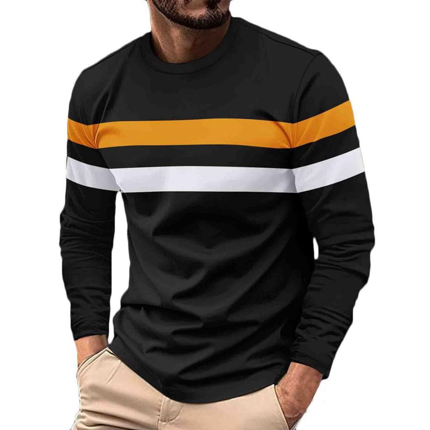 Mens Pullover Tops Loose Fit Sweatshirts Crew Collar Long Sleeve T Shirt for Adult Men Patchwork Striped Oversize Golf Shirts Warehouse Sale Clearance Outdoor Breathable Sportwear Size S-2xl