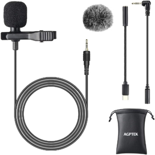 AGPTEK Lavalier Microphone, Clip-on Lapel Omnidirectional Condenser Mic with Wind Muff Type C 3.5mm Jack for Phone PC Laptop DSLR Camera Recording Interview, Podcast, Voice Dictation