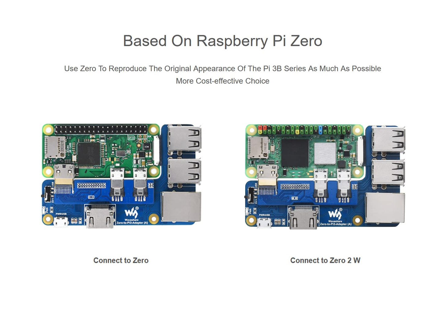 Waveshare Pi Zero to Raspberry Pi 3 Model B/B+ Adapter, Onboard 4-CH USB Interface, 100M Ethernet Port and HDMI Port, Alternative for Raspberry Pi 3B/B+, Support Pi Zero and Zero 2W