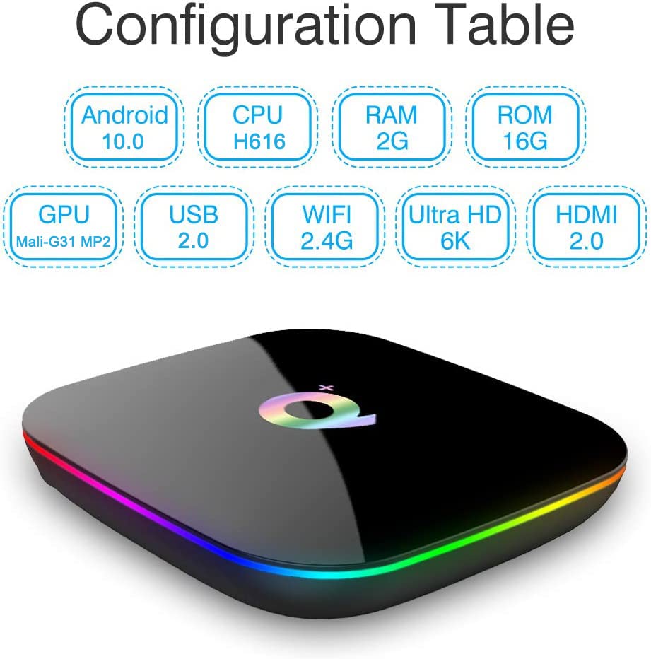 Android TV BOX, Q PLUS Android 10.0 TV BOX 2GB RAM/16GB ROM H616 Quad-Core Support 2.4Ghz WiFi 6K HD DLNA 3D Smart TV BOX