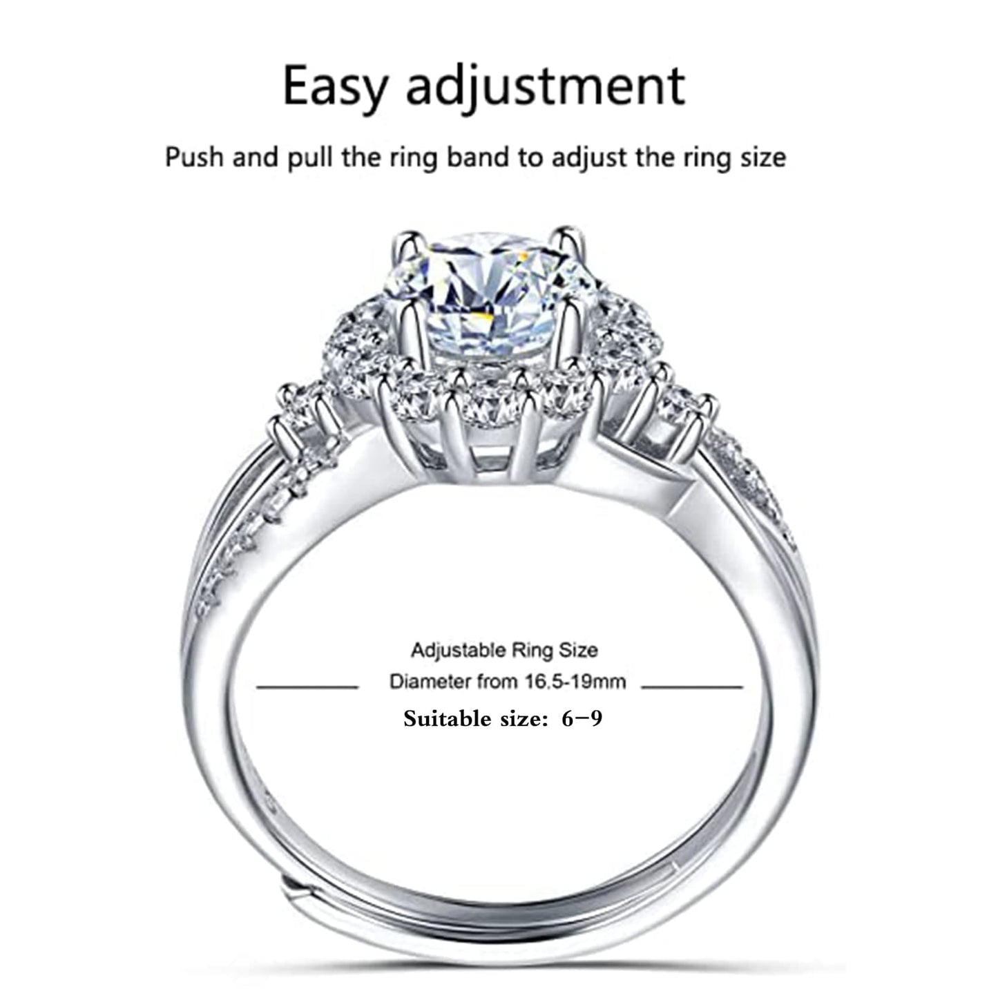 Atylyk Adjustable Moissanite Ring 1 Carat Engagement Wedding Promise 925 Sterling Silver Solitaire Rings for Women