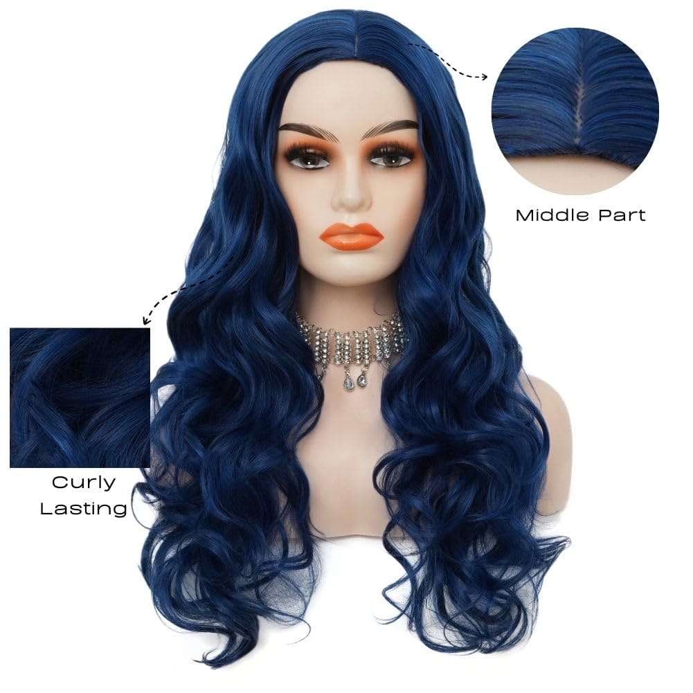 Siudus Blue Long Wavy Wigs for Women Synthetic Curly Middle Part Heat Resistant Fiber Hallowenn Party Costume Wig