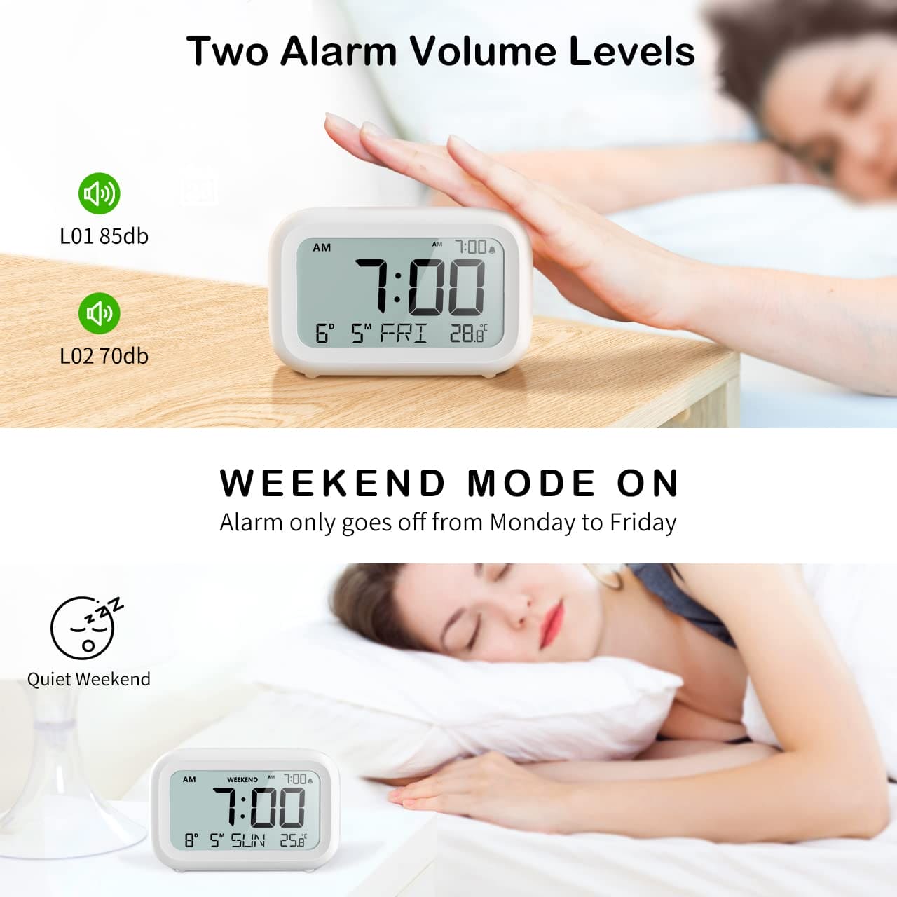 DOOMAY Digital Alarm Clock Bedside - Battery Powered Clock with LCD Display Volume Adjustable Snooze and Weekend Mode for Bedroom Office Desk Travel