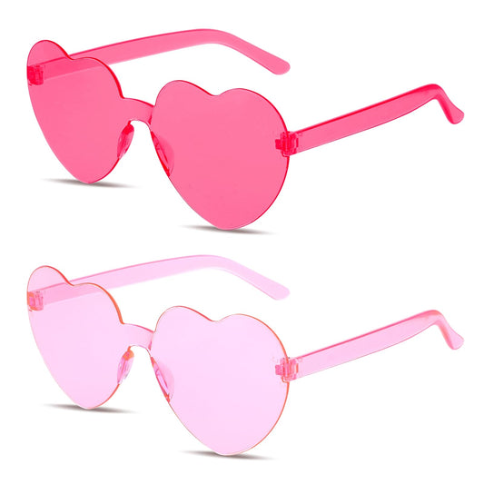 WLLHYF 2 Pairs Heart Shaped Sunglasses Rimless Heart Glasses Vintage Candy Color Party Favor Glasses for Women Girls Kids(Pink+Rose Red)