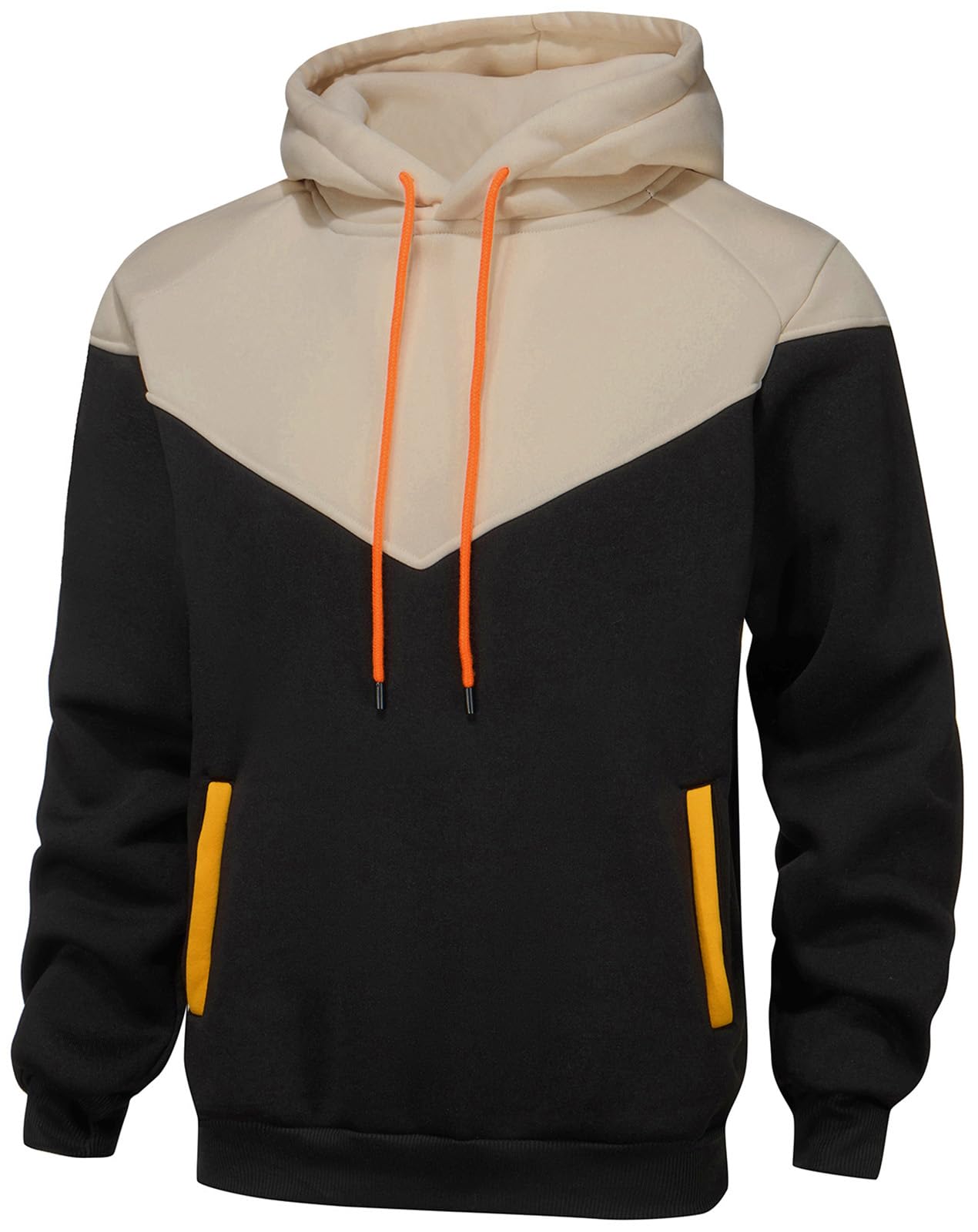 comefohome Mens Hoodies UK Pullover Color Block Sweatshirts Long Sleeve Fleece Hoody Drawstring Casual Designer Tops with Pockets Beige Black L