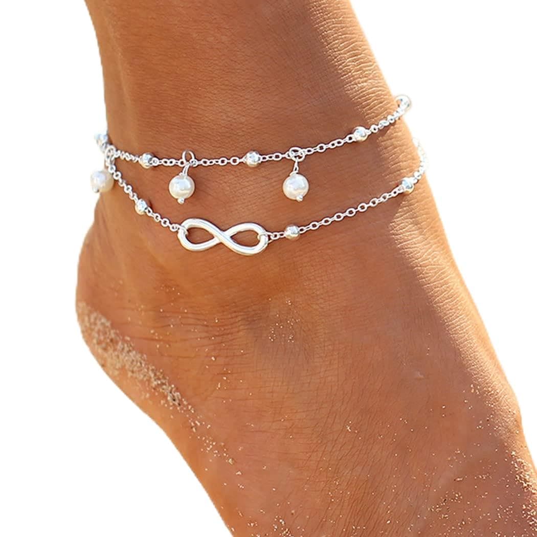 Chaioe Boho Double Anklets Silver Forever Anklet Chain Pearl Beaded Anklet Bracelet for Women and Girls