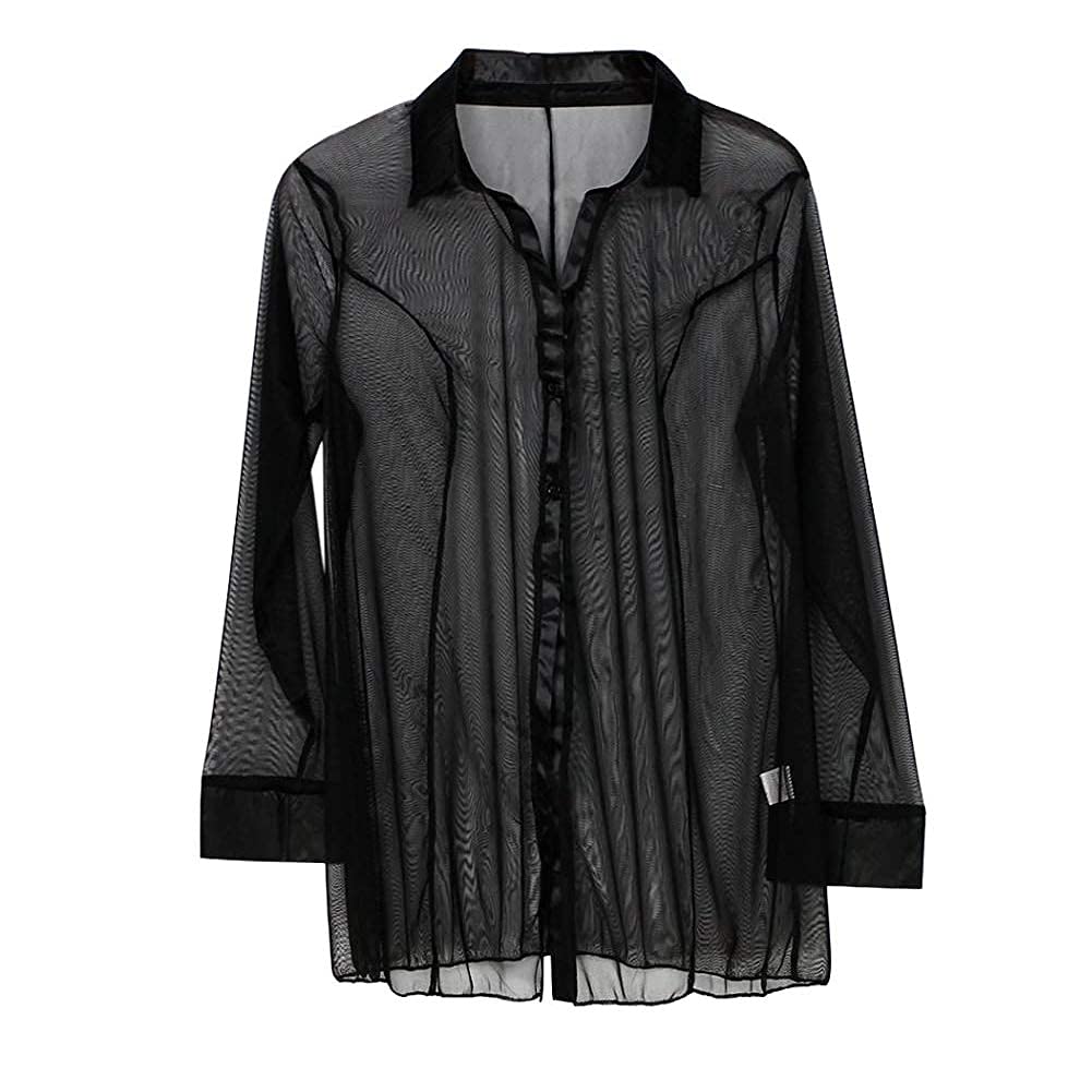 HOTSO Womens Sexy Sheer Shirt Sleepshirt Pajamas See Through Babydoll Nightshirts Sleepwear Nightwear Long Sleeve Blouse Button Up for Women Ladies Bedroom Sex Black