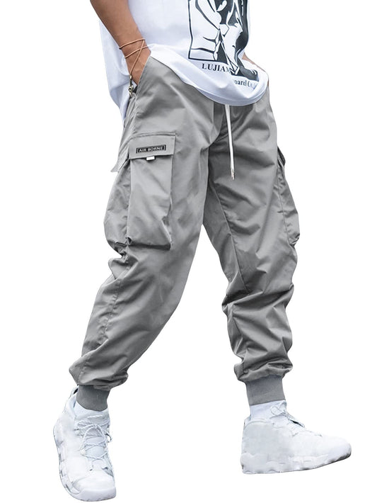 OYOANGLE Men's Casual Drawstring Elastic Waist Flap Pocket Letter Graphic Street Jogger Cargo Pants Light Grey L