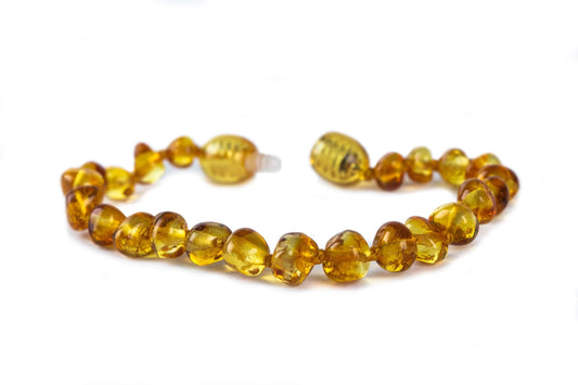 Baby J's - Honey Coloured Bracelet/Anklet - Premium Amber Bracelet - Handcrafted with 100% Baltic Amber - Fitted with a Safety Screw Clasp - Knotted to Prevent Scattering - 12cm