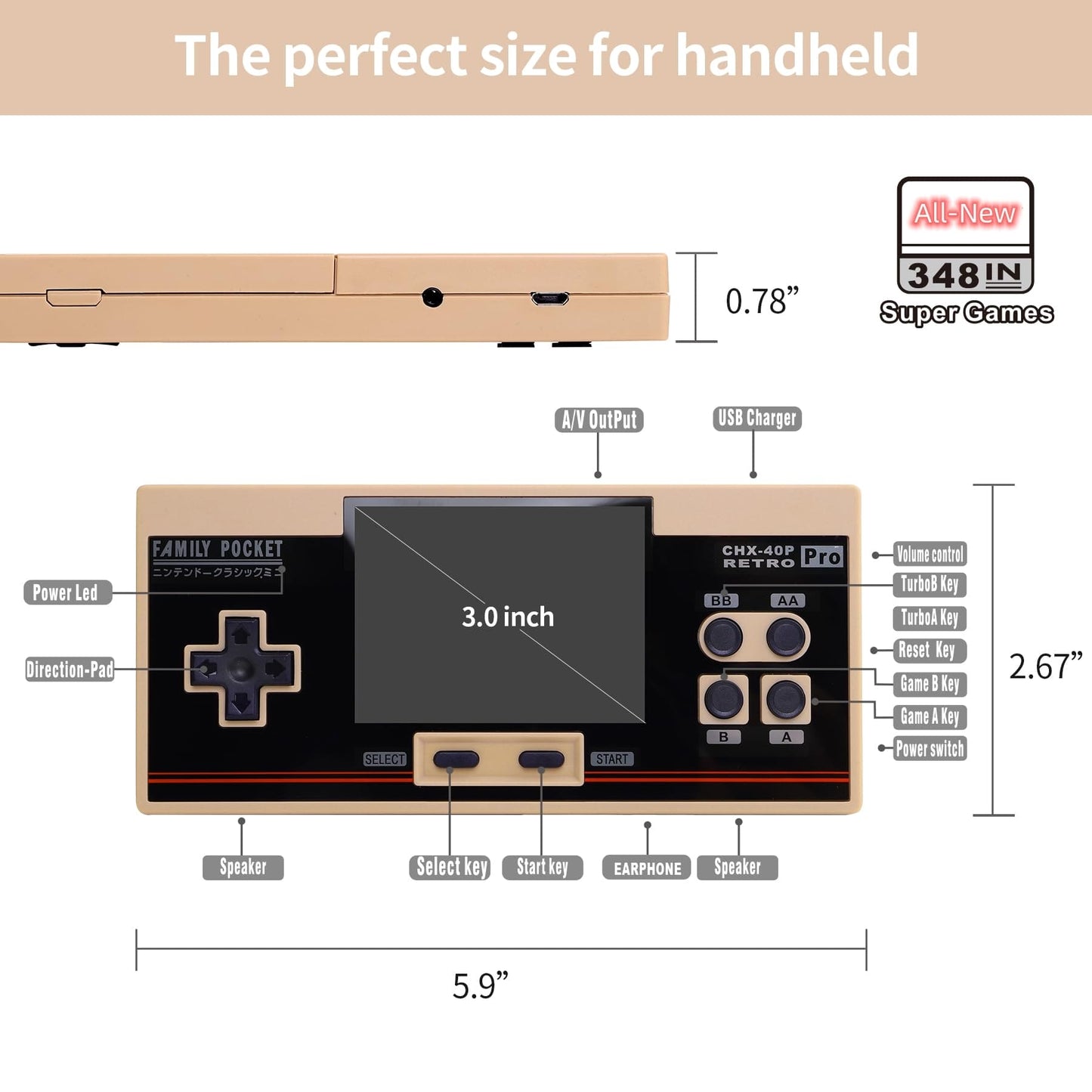 Handheld Game for Kids Built-in 348 HD Classic Retro Video Games USB Rechargeable 3.0 Inch Childrens Travel Electronics Toys Portable Game Player Gift for Boys and Girls Ages 4-8-12