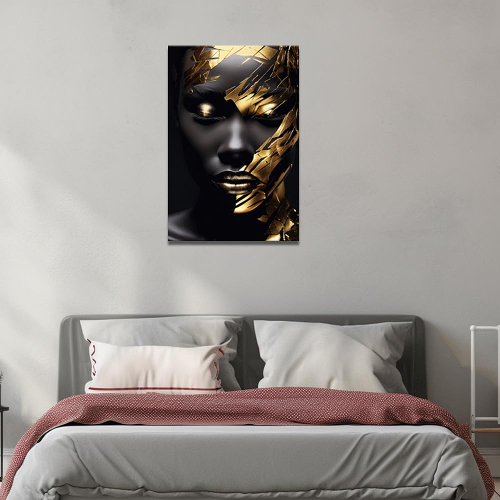 ZQQART African American Wall Art Gold Black Women Canvas Painting Art Abstract Fashion Black Girl Picture Prints Girls Room Decor Framed(Girl 4,12.00" x 18.00")