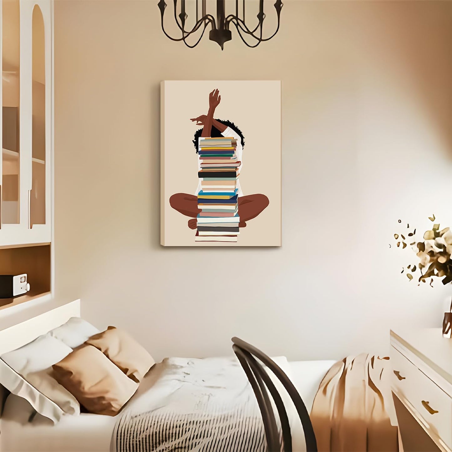 African American Books Wall Art, Black Girl Canvas Poster Prints, Book Lover Painting Wall Art, Modern Black Woman With Book Art Wall Decor for Bedroom Living Room - Framed 12x16 In