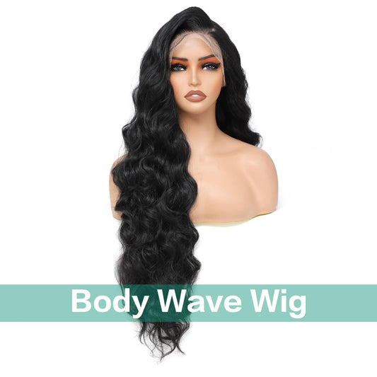 Humistwbiu Body Wave Wigs 13x6 Lace Front Wig Pre-Plucked Hairline with Baby Hair Transparent Swiss Lace Heat Resistant Synthetic Hair Glueless Lace Front Wavy Wigs for Women 32 Inch (#Black）