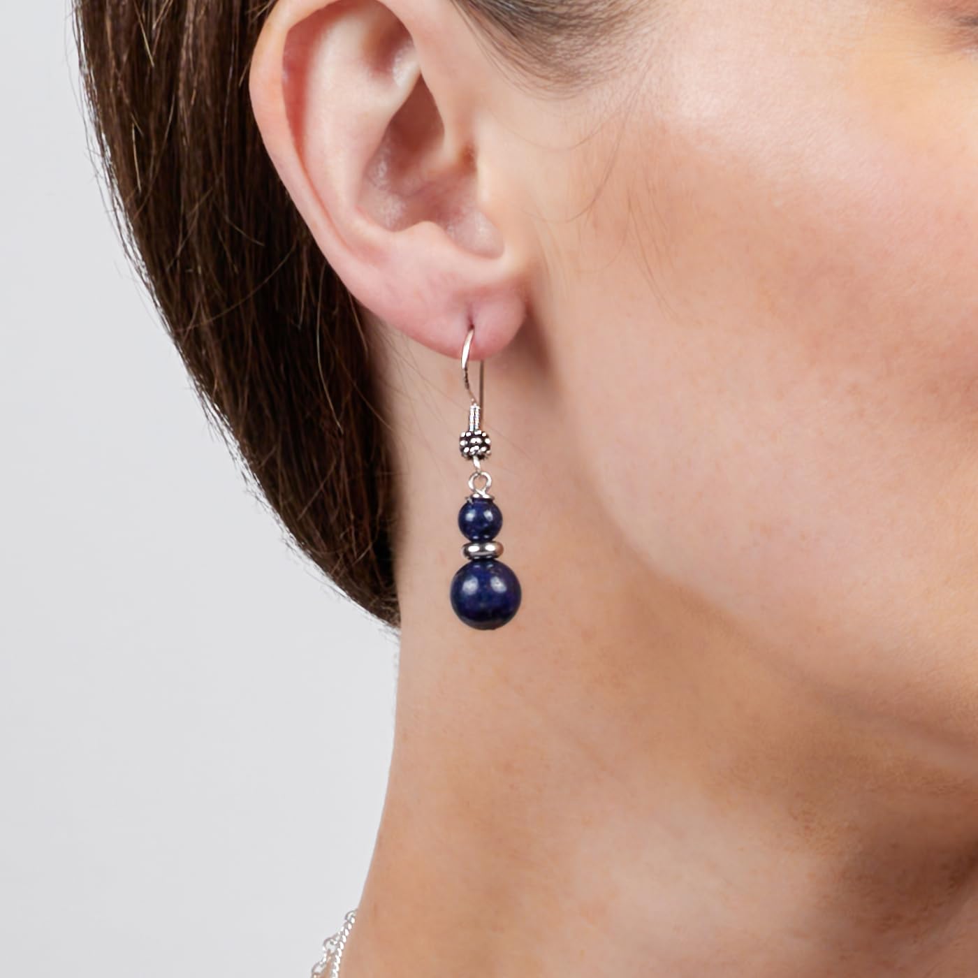 TreasureBay Handmade Women's Natural Gemstone Double Beads and Sterling Silver Dangle Drop Earrings | Gift for Women, Girls (Blue Lapis Lazuli)